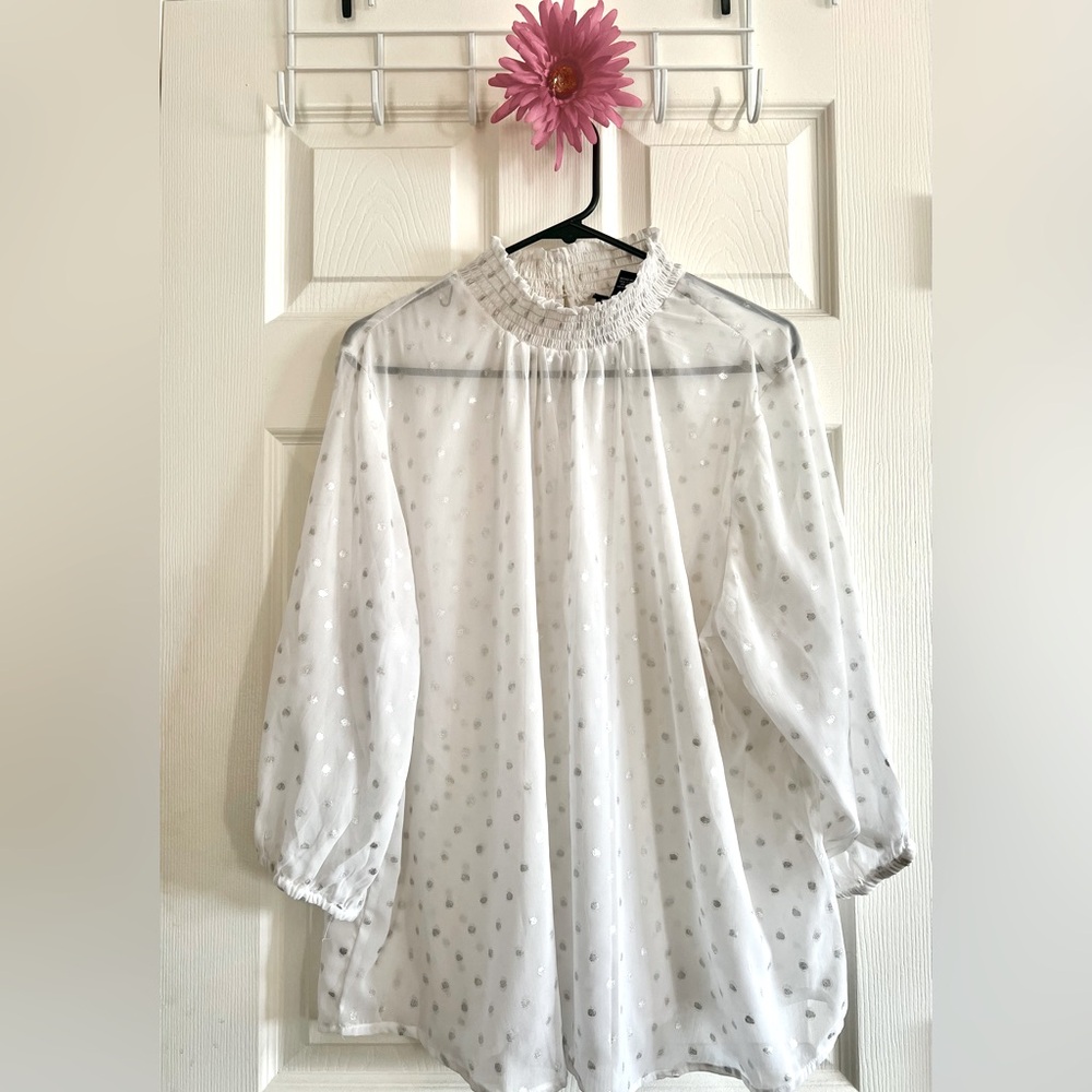 White Sheer Blouse W/ Silver Shimmery Dots